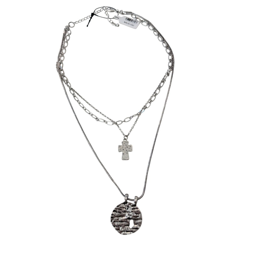 Free People Layered Silver Necklace Cross Pendant Statement Disc NWT